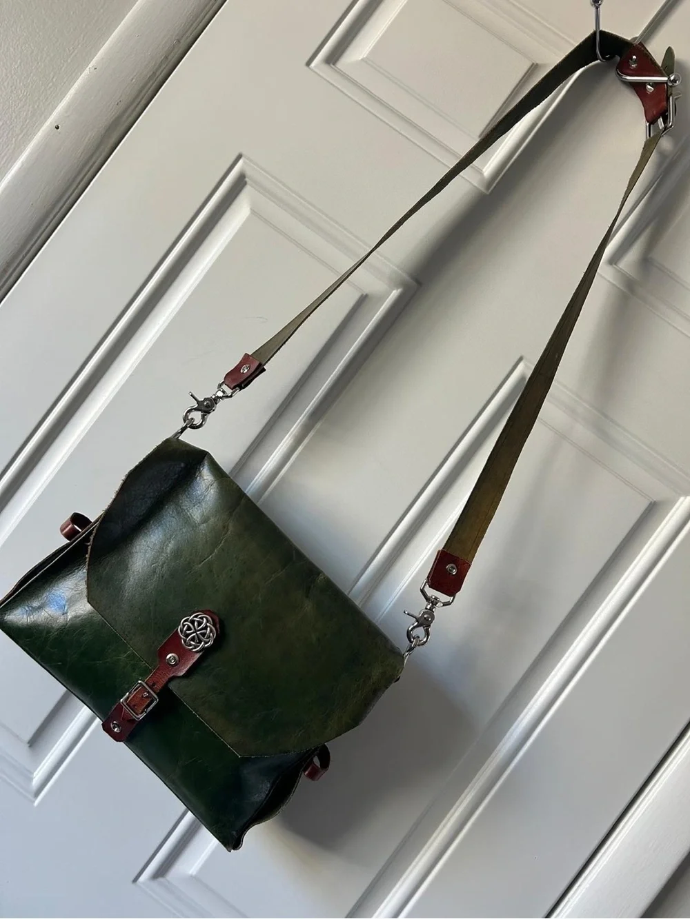 Green Leather Crossbody Messenger Bag with Brown Strap